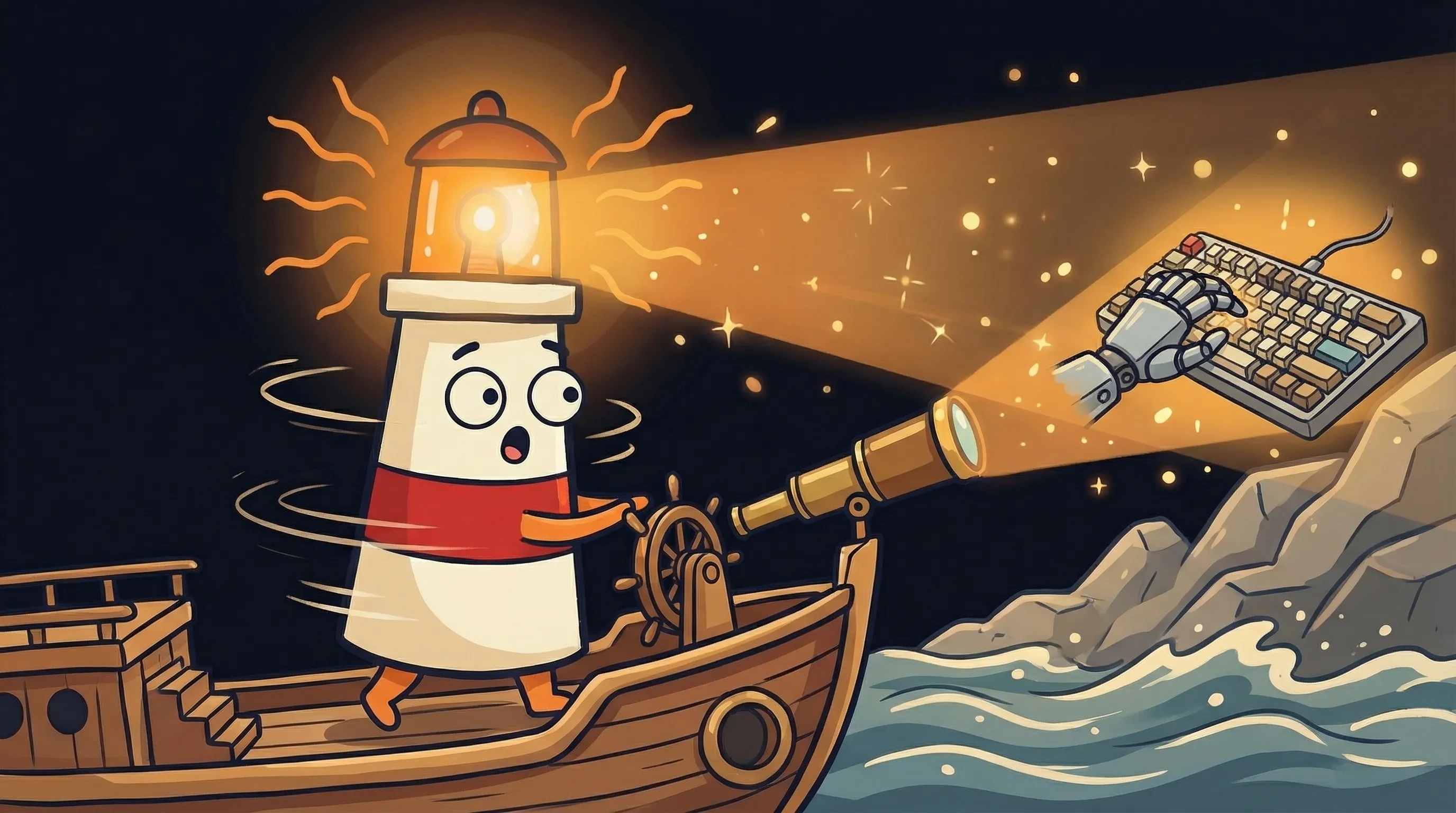 Beacon the lighthouse character shining amber light onto a computer cursor and robotic hand, symbolizing AI computer use.
