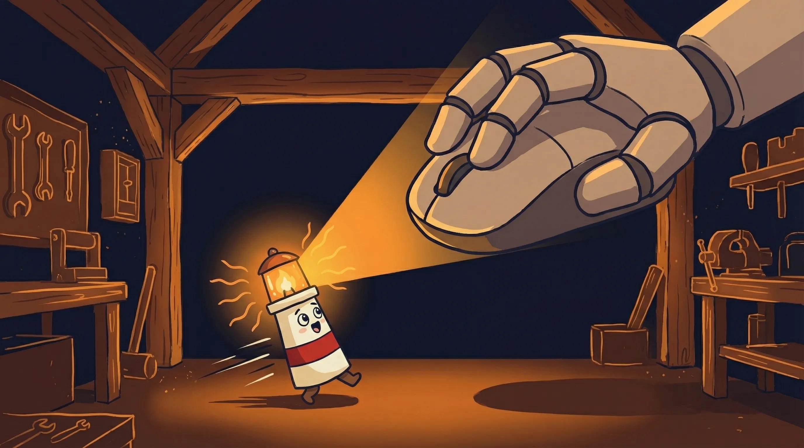 Beacon the lighthouse character shining amber light onto a computer screen, illustrating Claude computer use on a dark nav...