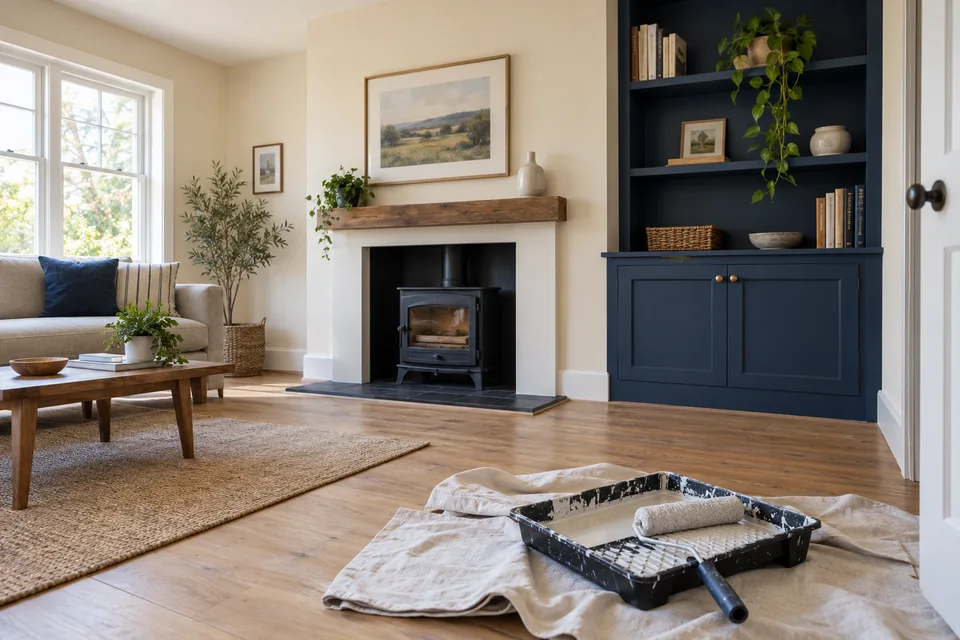 An illustrative freshly painted room with a navy cabinet and warm cream walls.
