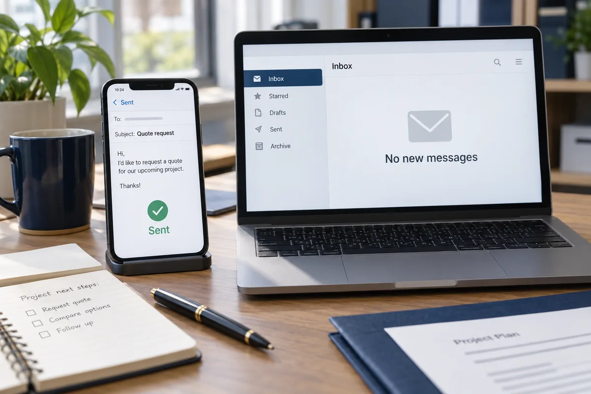 A sample quote request is marked sent on a phone while a laptop inbox shows no new messages.