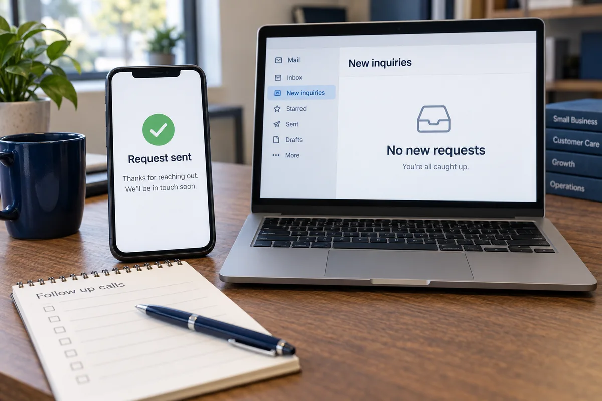 A sample website request is marked sent on a phone while the office’s new-inquiry list is empty.
